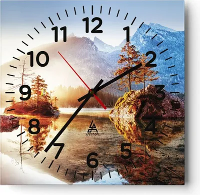 Produktbild von Wanduhr - Quadrat - Glasuhr - Morgendämmerung Berge See - 30x30cm - Schleichendes Uhrwerk - Lautlos - zum Aufhängen bereit - Dekoration Modern - Wanddekoration aus Glas - C4AC30x30-4617