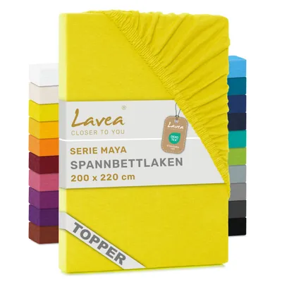 Zdjęcie produktu dla Lavea® Prześcieradło na materac z dodatkową warstwą, 200x220 cm, kolekcja Maya, 100% bawełna dżersejowa – Miękkie prześcieradło na materac z dodatkową warstwą do 10 cm – kolor słoneczny