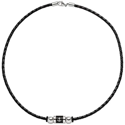 Produktbild von 3,2mm Kette Collier aus geflochtenem Leder, Anker, Edelstahl lackiert, 45cm