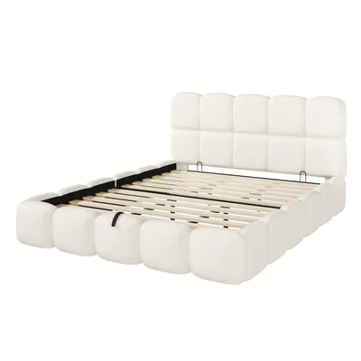 Produktbild von Flieks Hydraulisches Polsterbett 180x200cm mit Stauraum, Doppelbett Stauraumbett mit Lattenrost, Jugendbett Holzbett mit Kopfteil, Bouclé, Weiß