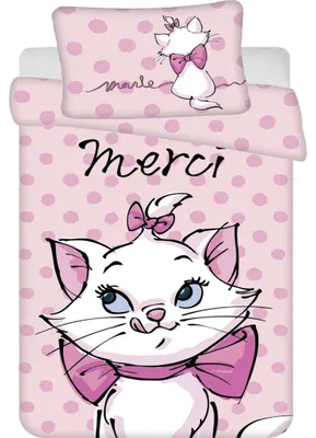 Imagen del producto de Ropa de cama de algodón, 100x135 cm + 40x60 cm, diseño de gato Marie con la palabra "merci"