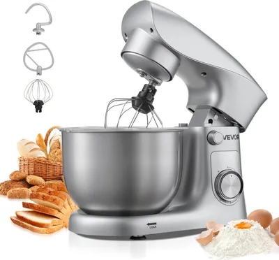 Image de Robot de cuisine VEVOR pour la pâtisserie, robot pâtissier de 1500 W avec bol en acier inoxydable (4,2 L) & crochets pétrisseurs & fouets & fouets, 10 vitesses réglables batteur inclinable batteur sur socle