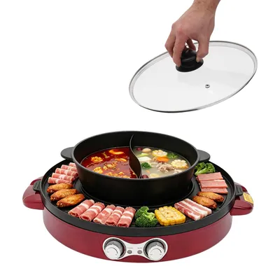 Zdjęcie produktu dla Hot pot i patelnia grillowa  Patelnia grillowa z powłoką nieprzywierającą, elektryczna z regulacją temperatury 2 w 1    Elektryczny grill stołowy  Podwójna przegroda  Wielofunkcyjna