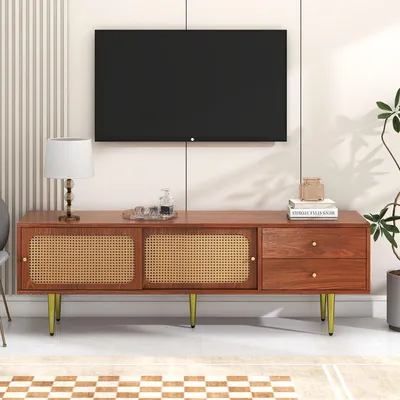 Immagine prodotto di Mobile TV 160 cm con ante scorrevoli in rattan, basso mobile TV in legno noce con 2 cassetti e 4 vani, in MDF, dimensioni 160x40x60 cm