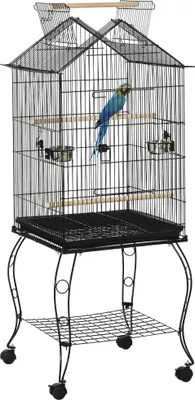 Produktbild von PawHut Vogelkäfig 50 x 58 x 145 cm, Metallvoliere mit 3 Türen, 2 Futterspendern, 3 Sitzstangen, abnehmbarem Tablett, offenem Regal und 4 Rädern für Kanariensittiche, Schwarz