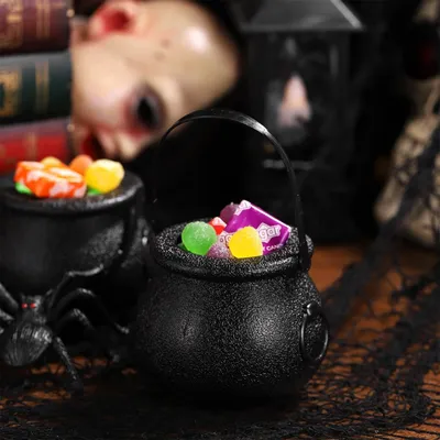 Produktbild von 12-teiliges Mini-Hexenkessel-Set, Halloween-Hexenkessel aus schwarzem Kunststoff, Süßigkeitenschale, Halloween-Bonbon-Eimer für die Partydekoration