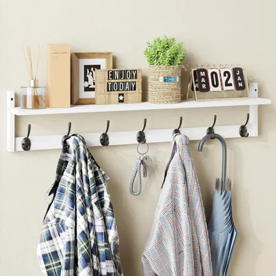 Immagine prodotto di Gancio a parete con ripiano, 88,9 cm, legno bianco, 7 ganci doppi in metallo