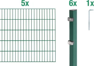 Produktbild von Alberts Doppelstabmatten Zaun, Höhe 200 cm, Länge 10 m, Zaun-Komplettset zum Einbetonieren, grün, Pfosten 60x40 mm