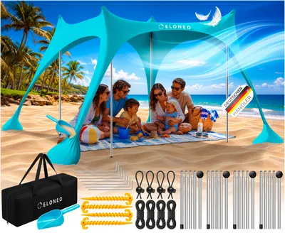 Produktbild von ELONEO Strandzelt Sonnensegel LSF 50+ UV Schutz Windschutz Strand Zubehör Zelt, Türkis - 300x300x200 cm