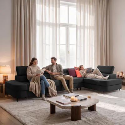 Produktbild von MUFFO Ecksofa PRIAM MAXI L-Form Rechts mit Schlaffunktion 125x195 Velours Anthrazit