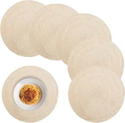 Produktbild von PromoHome® Set aus 6 runden Platzsets, abwaschbar, hitzebeständig, geflochtenes Boho (beige, 38 cm)