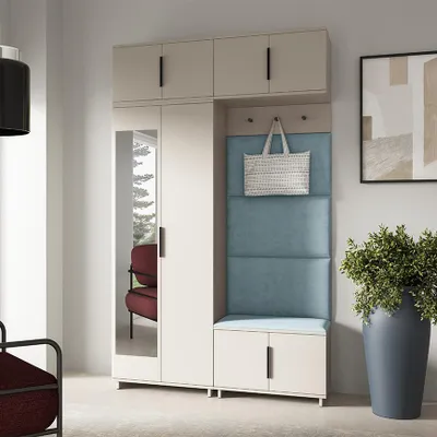 Produktbild von Garderoben-Set Napoli Version 1: Kleiderschrank mit Polsterpaneelen, Schuhschrank und Schrankaufsatz Flur und Eingangsbereich (Cashmere/Trinity 22)