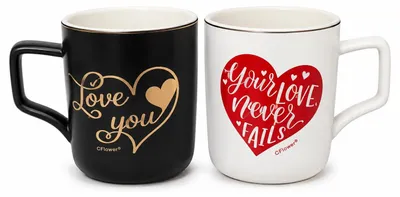 Keramik-Becher-Set 380 ml, Liebespaar, Schwarz-Weiß, Herz-Design