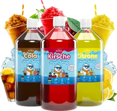 Produktbild von Belissia Slush Eis Sirup 3 x 1000ml Konzentrat | Cola, Kirsche, Zitrone | sehr ergiebig in knalligen Farben (1:5) für bis zu 18 Liter | Glycerin frei