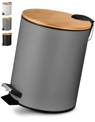 Image de Poubelle pour cosmétiques 5L - Pédale avec système de fermeture douce - Poubelle pour salle de bain - Couvercle en bambou - Acier inoxydable - Design unique