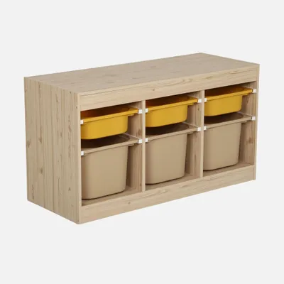 Produktbild von sweeek - Kinder-Aufbewahrungsmöbel mit Holzdekor und 6 bunten Behältern - Senfgelb