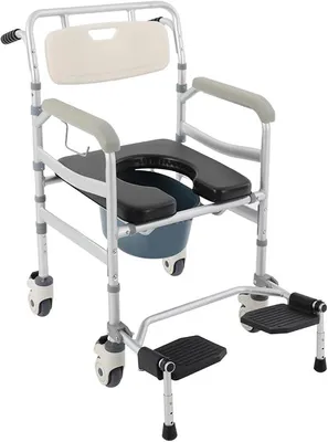 Produktbild von Toilettenstuhl für Senioren mit Rollen Höhenverstellbar, Duschstuhl Fahrbar mit Fußstützen, Gepolstertem Sitz & Abnehmbar Toiletteneimer, Nachtstuhl Erwachsene, max. 172kg