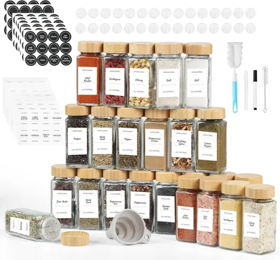 Zdjęcie produktu dla FRIBERG zestaw 24 słoiczków na przyprawy 120 ml z drewnianymi pokrywkami i etykietami