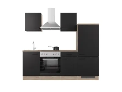 Produktbild von Küchenzeile mit E-Geräten - 220 cm breit - Schwarz matt Endgrain Oak – Capri