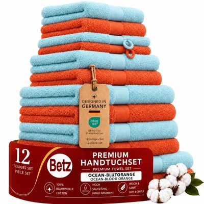 Produktbild von Betz 12-tlg. Handtuch-Set PREMIUM 2 Duschtücher 4 Handtücher 2 Gästetücher 2 Seiftücher 2 Waschhandschuhe  Farbe: blutorange / ocean