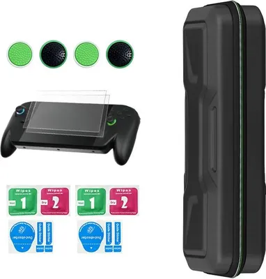 A set of accessories for a gaming handheld, including a carrying case, screen protectors, and grip covers, laid out on a white background.