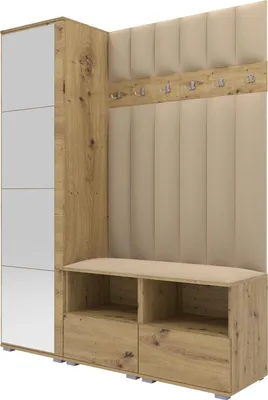 Obrázok produktu pre Šatníková zostava Nela II LUX so zrkadlom, čalúnená šatníková skriňa 150 cm s dvojitou lavicou, stenovými panelmi a úložným priestorom (farba: dub Artisan + Trinity 04)