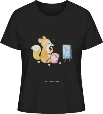 Produktbild von Mr. & Mrs. Panda Shirt Damen Fuchs Filme gucken Größe L - Schwarz - Geschenk, Oberteil, Filmabend, Baumwoll T-Shirt, TV, Kurzarmshirt, Sommershirt, Kino, Fernsehen