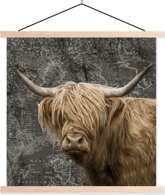 Produktbild von MuchoWow® Textilposter Schottisches Hochlandrind - Weltkarte - Tiere 120x120 cm mit holzfarbenen Rahmen - Textil-Poster
