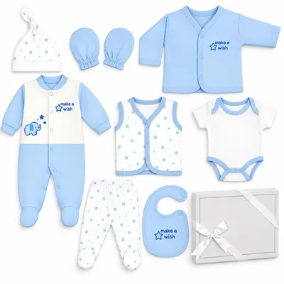 Produktbild von BLUE EYES Baby Geschenk Set 8-teilig, 100% Baumwolle, , Neugeborenen Erstausstattung 0–4 Monate, Stern Blau