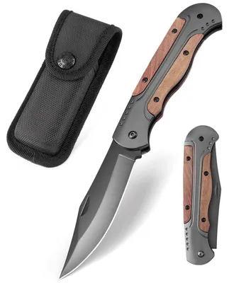 Image de Couteau pliant à lame double, modèle A-11 42a, en acier inoxydable 420C, avec manche en bois et aluminium, lame de 10 cm, équipé d'un clip et fourni avec une pochette en nylon