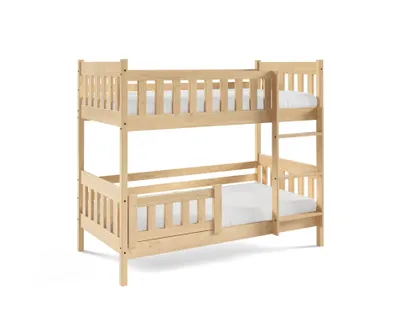 A light-colored wooden bunk bed with mattresses, shown against a white background.