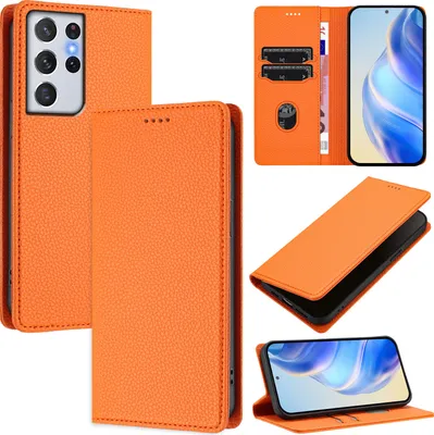 A collage of images showing an orange leather wallet-style phone case for a Samsung Galaxy S21 Ultra 5G, with various angles and views of its features.