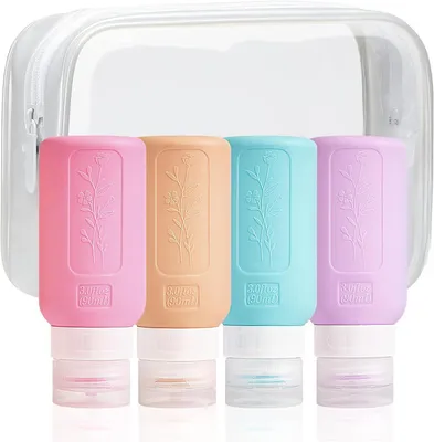 Produktbild von Fläschchen Silikon-Reiseflasche, 90 ml, -frei, auslaufsicher, nachfüllbar, Quetschbehälter-Set mit Etikett und transparenter Tragetasche für flüssi