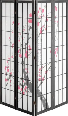 A four-panel folding room divider with a Japanese cherry blossom design.