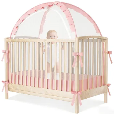 Produktbild von Caveen Babybett Zelt 1.4m Moskitonetz Betthimmel PopUp Krippenzelt mit Reißverschluss Großem Eingang Tragbar Pink für Babybett