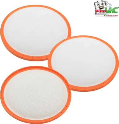 Three round, white filters with orange rims are arranged in a cluster against a white background. A logo is visible in the top right corner.