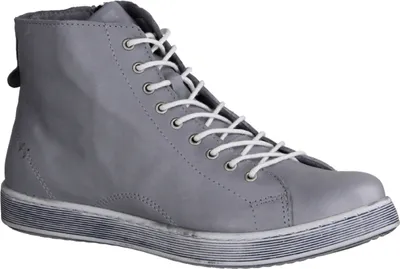 A single gray high-top sneaker with white laces is shown against a white background.