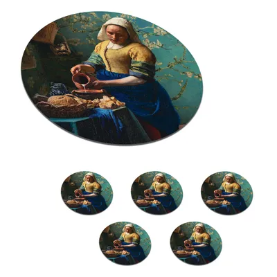 Produktbild von KitchenYeah® Glasuntersetzer Rund 6er Set Milchmädchen - Mandelblüte - Van Gogh - Vermeer - Gemälde - Alte Meister 10x10 cm Untersetzer für Gläser - Getränkeuntersetzer - Tischplattenschutz - Tischun