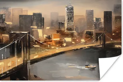 Produktbild von MuchoWow® Poster Gemälde - Öl - Skyline - Stadt - Wasser 180x120 cm - Fotoplakat