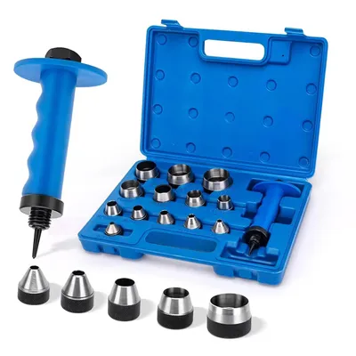 Produktbild von Lochstanzer Set 14 in 1, Locheisensatz, Stanzeisen Set aus Stahl, Stanzwerkzeug 5-35 mm, Henkellocheisen inkl. Aufbewahrungsbox