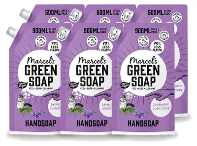 Obrázok produktu pre 6 kusov náplne do mydla na ruky "Marcel's Green Soap" – Levanduľa a rozmarín – 500 ml – Výhodný balík