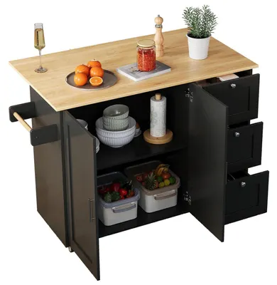 Immagine prodotto di Tavolo da cucina mobile con piano di lavoro in legno di quercia pieghevole, 2 ante, 3 cassetti, portasciugamani, colore nero