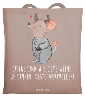 Produktbild von Mr. & Mrs. Panda Shopping Tasche Sturer Stier - Braun Pastell - Geschenk, Tierkreiszeichen, Horoskop, Tragetasche, Treue, Laptoptasche, Humor, Sternzeichen, Geduld