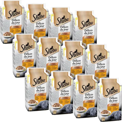 Imagen del producto de Sheba Délices du Jour: alimento húmedo para gatos adultos. Variedad de pollo en salsa. Bolsas individuales, 12 unidades (6 unidades de 50 g) – Pavo y pollo en salsa