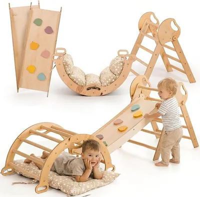 Produktbild von Montessori Klettergerüst Set: Indoor Kletterdreieck, Kletterbogen mit Kissen, und Rutsche für Kinder, Indoor Spielplatz 1-3 Jahre