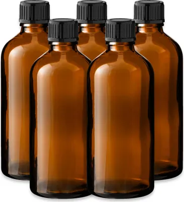 Produktbild von 5x Glasflasche braun 100 ml mit schwarzem Schraubverschluss Kappe leer