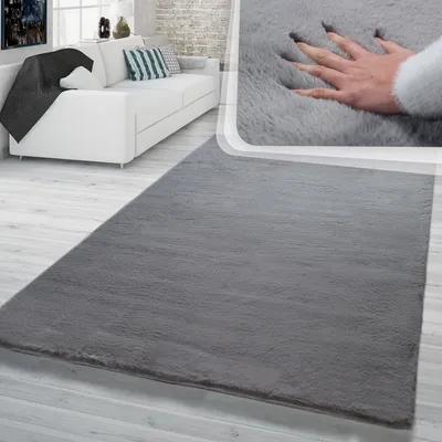 Produktbild von TT Home Hochflor Teppich Wohnzimmer Kunstfell Softes Kaninchenfell Imitat In Dunkelgrau Größe 60x90 cm