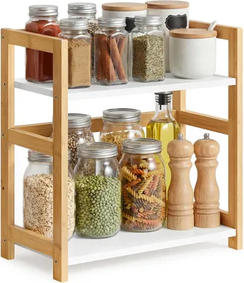 Immagine prodotto di Portaspezie - Scaffale da cucina a 2 ripiani - Bambù e MDF - Bianco e beige