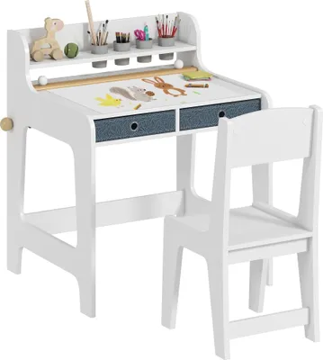 Image de Bureau enfant avec chaise - ensemble - 2 tiroirs amovibles - tablette - porte-gobelet - MDF - 62,8×55,6×73,8 cm - Blanc