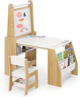 Imagen del producto de Mesa infantil 3 en 1 con silla, conjunto de asiento infantil de madera con caballete, rollo de papel y espacio de almacenamiento. Mesa de arte y mesa para pintar para niños, ideal para dibujar, aprender y jugar (estilo natural)